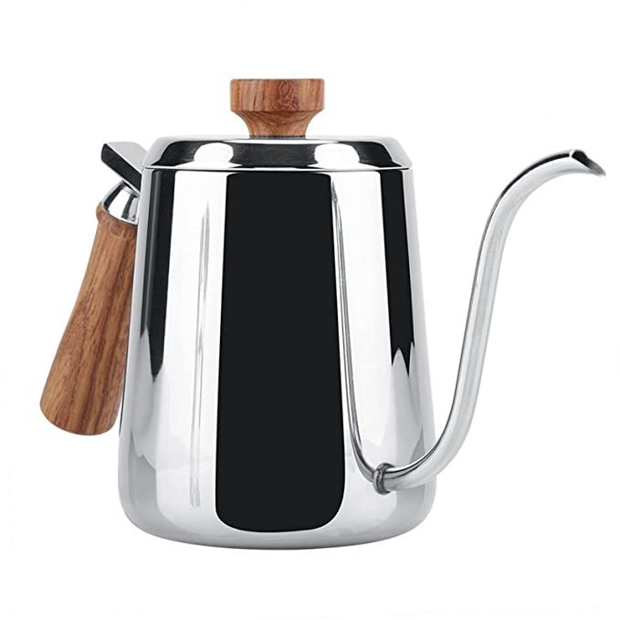 Stainless steel coffee kettle with gooseneck spout and silver finish