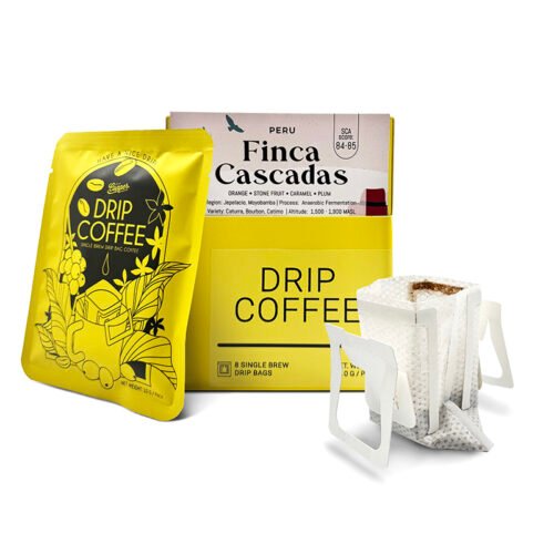 Peru Finca Cascadas drip filter coffee pouch brewing in glass